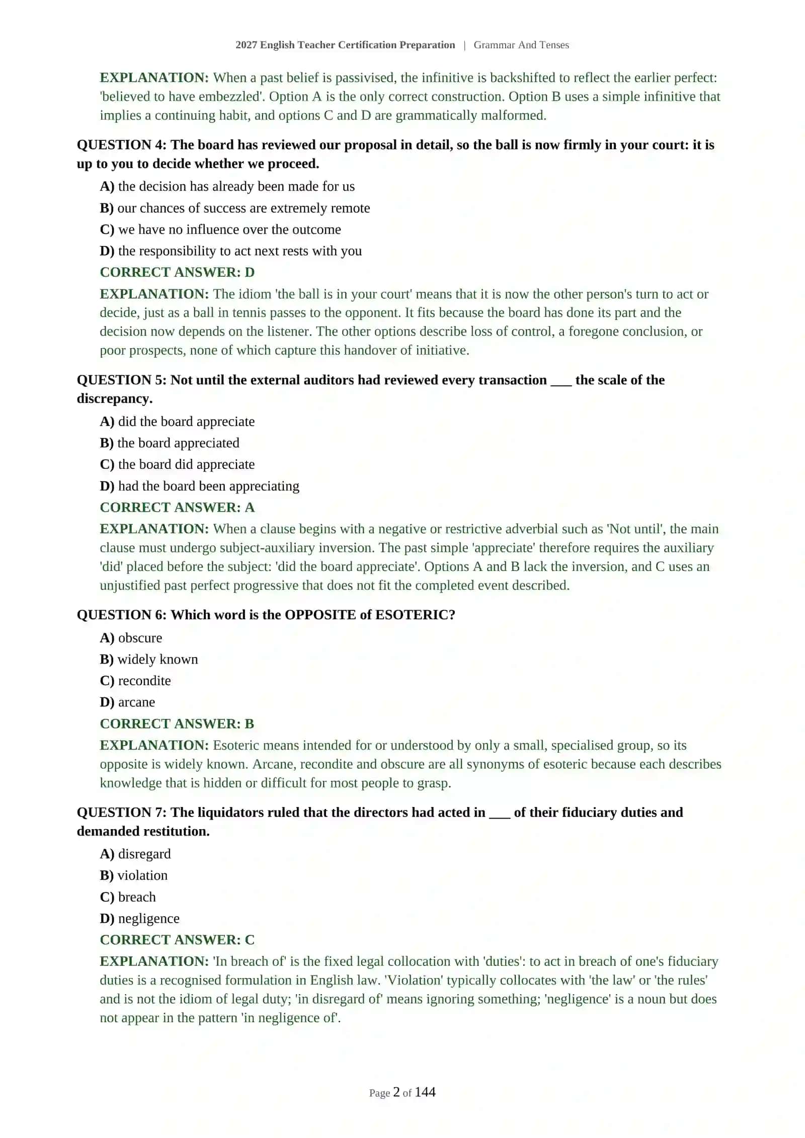 ENGLISH TEACHER PROFESSIONAL DEVELOPMENT - GRAMMAR AND TENSES - 2027 CERTIFICATION PREPARATION (600 QUESTIONS) 3