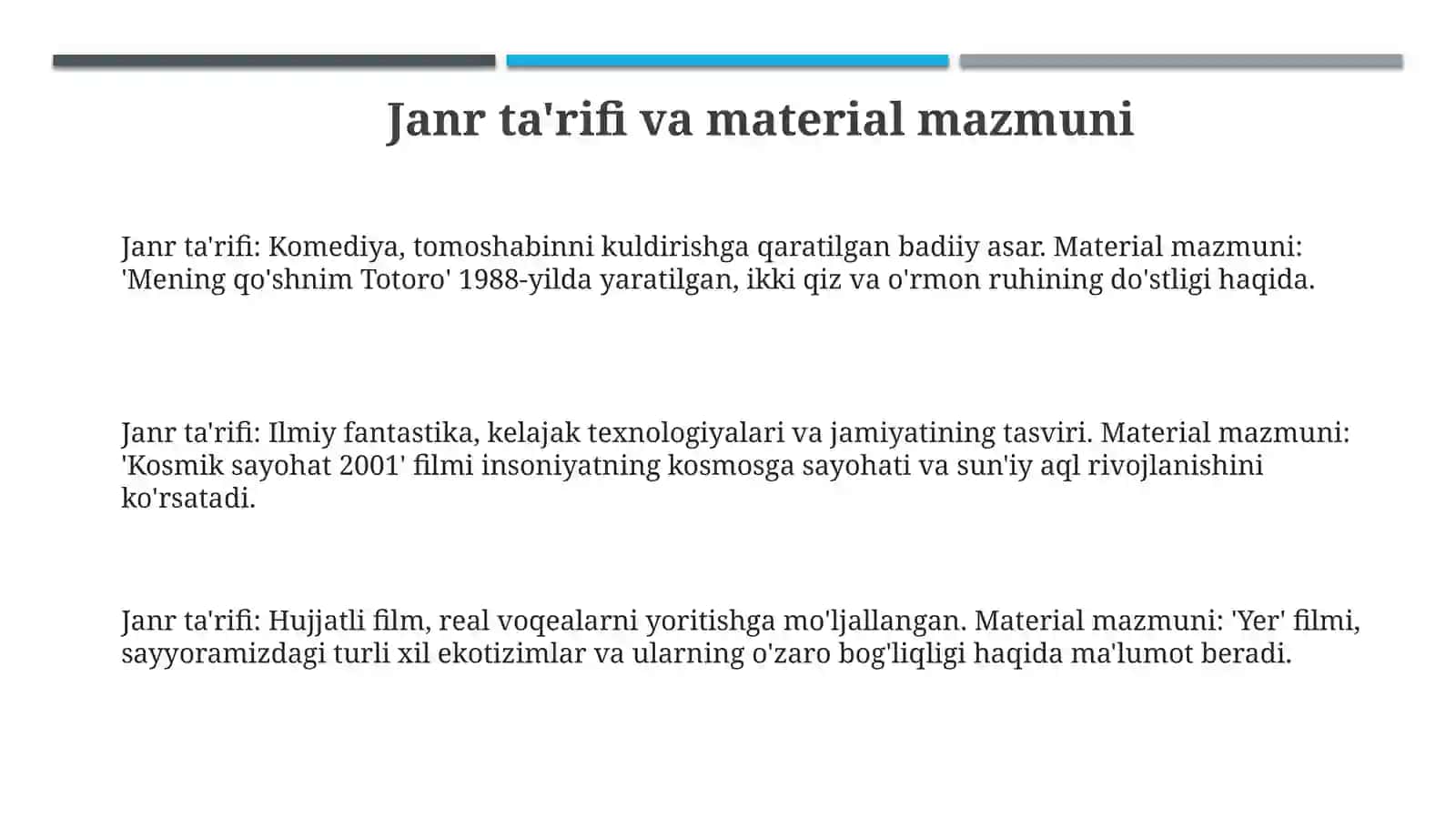 Biror media materialini janrga ko‘ra tahlil qiling, kamchilik va yutuqlarini ko‘rsating 3
