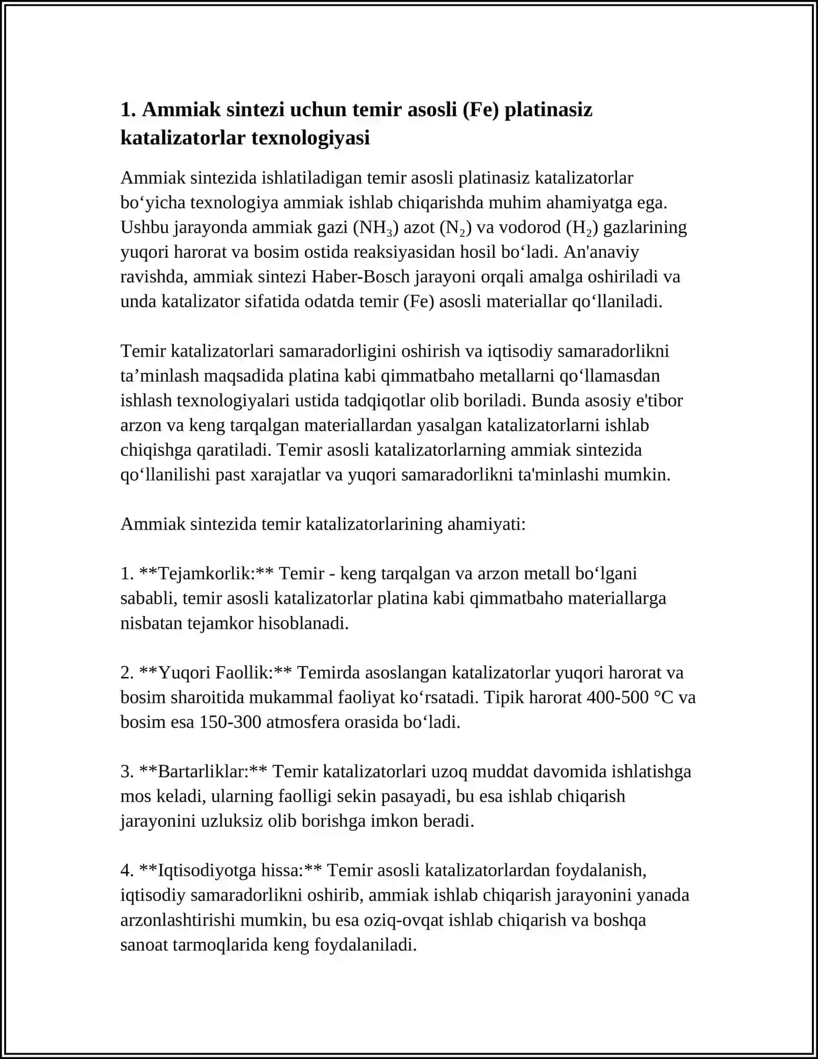 AMIAK SINTEZIDA ISHLATILADIGAN KATALIZATORLAR TEXNOLOGIYASI.PLATINASIZ KATALIZATORLAR 3