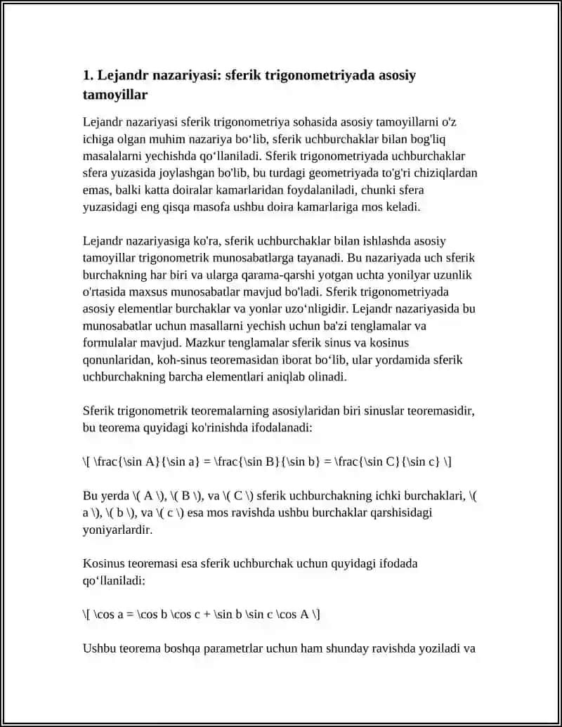 SFERIK UCHBURCHAKLARNI LEJANDR NAZARIYASI BO‘YICHA VA ADDITAMENTLAR USULIDA YECHISH 3