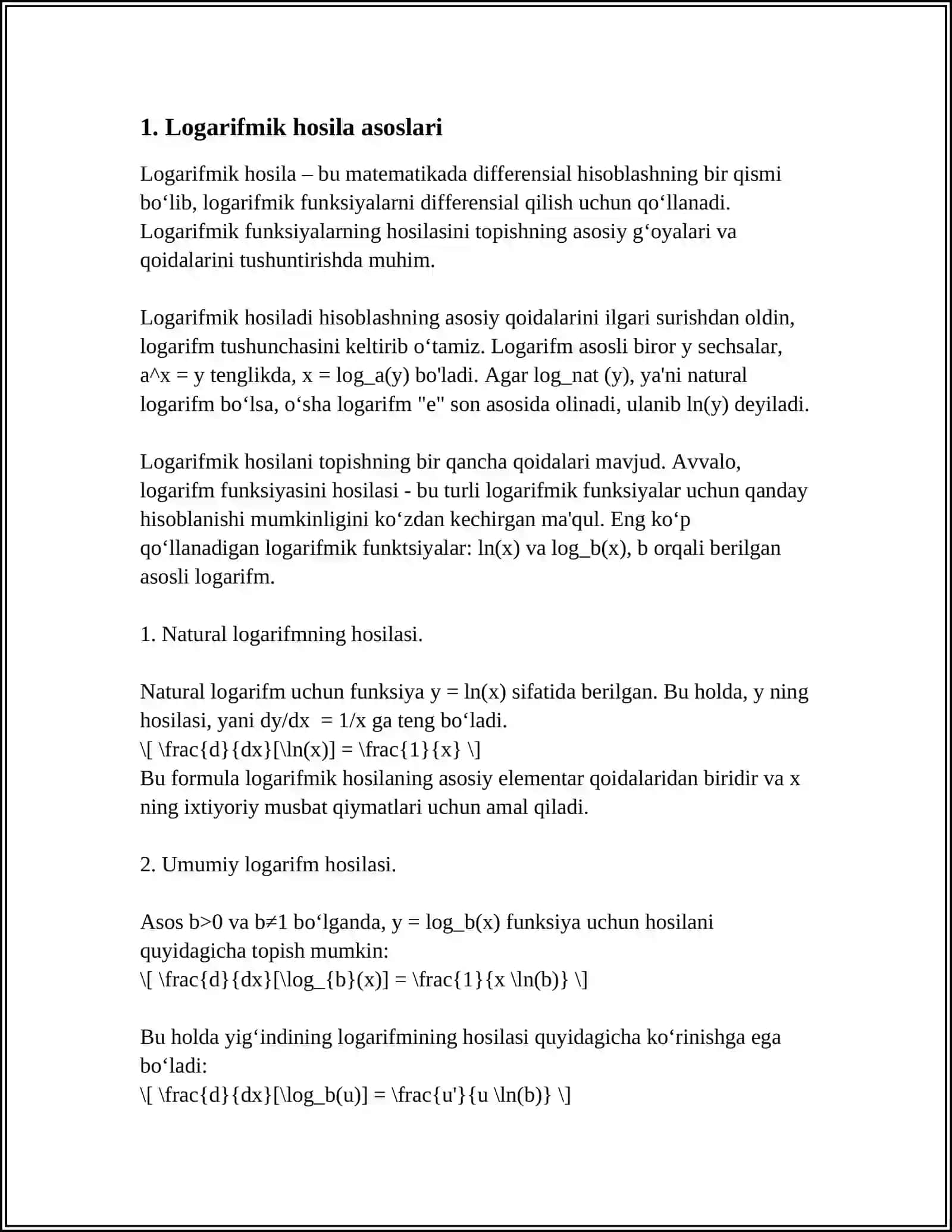 LOGARIFMIK HOSILA. DARAJA KO'RSATKICHLI FUNKSIYANING HOSILASI 3