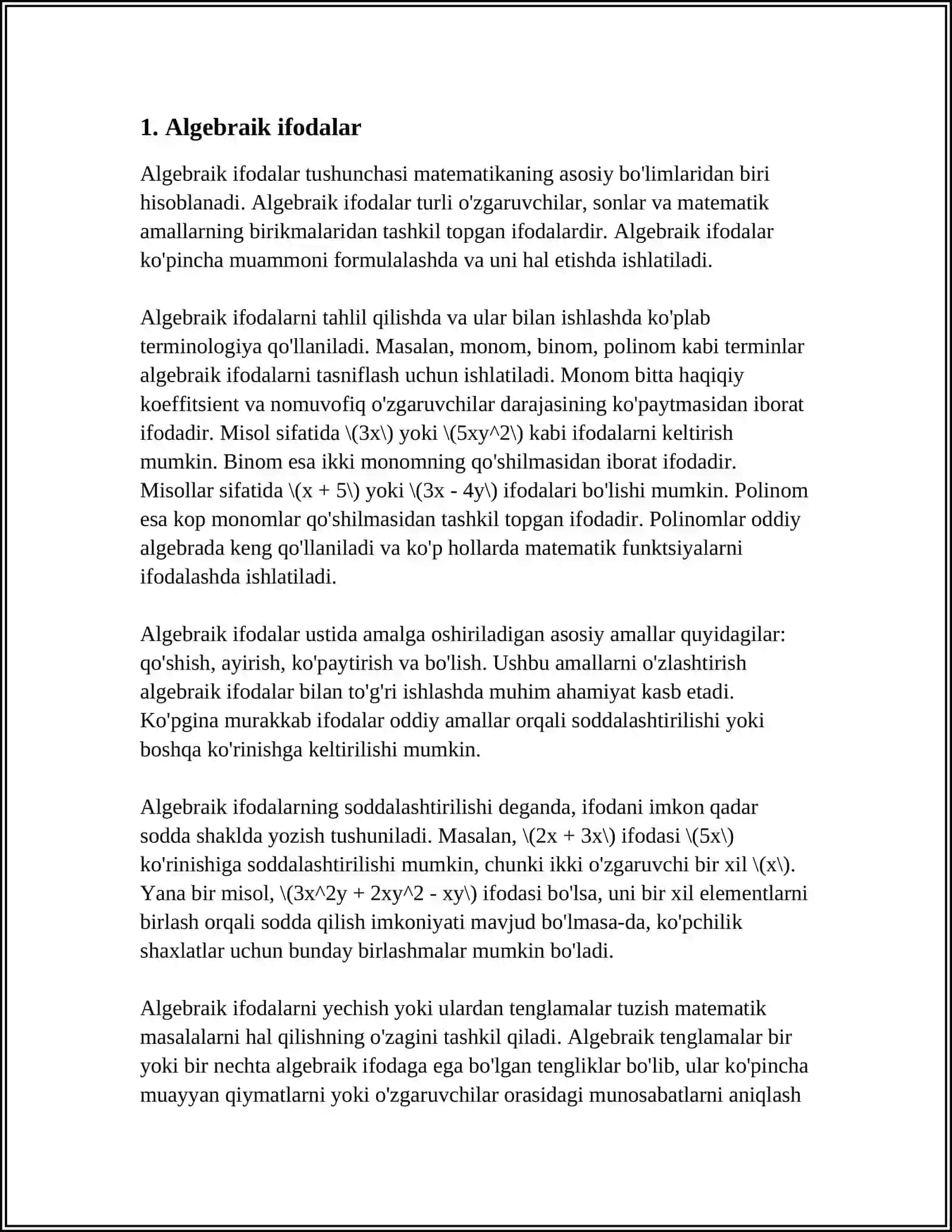 WORDDA MATEMATIK FORMULALAR BILAN ISHLASH 3