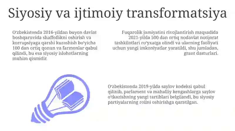 Yangi Oʻzbekiston ijtimoiy- siyosiy iqtisodiy madaniy hayotida roy berayotgan o'zgarishlari 3