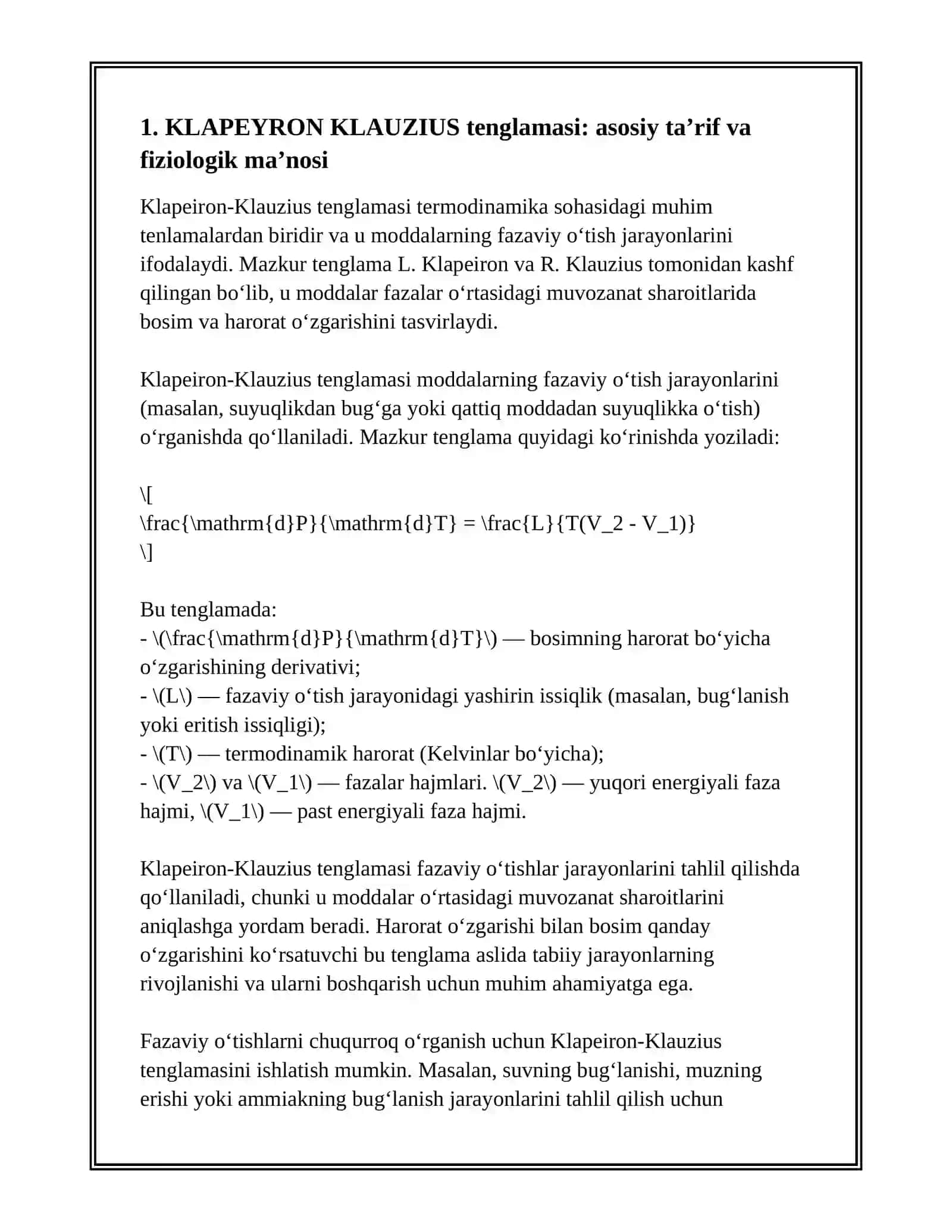 KLAPEYRON KLAUZIUS TENGLAMASI NIMANI IFODALAYDI 3