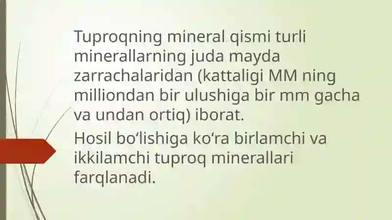 Tuproqning mineral va organik qismi, tuproqdagi oziq moddalar va oʻsimliklarning oziqlanishga layoqatliligi 3