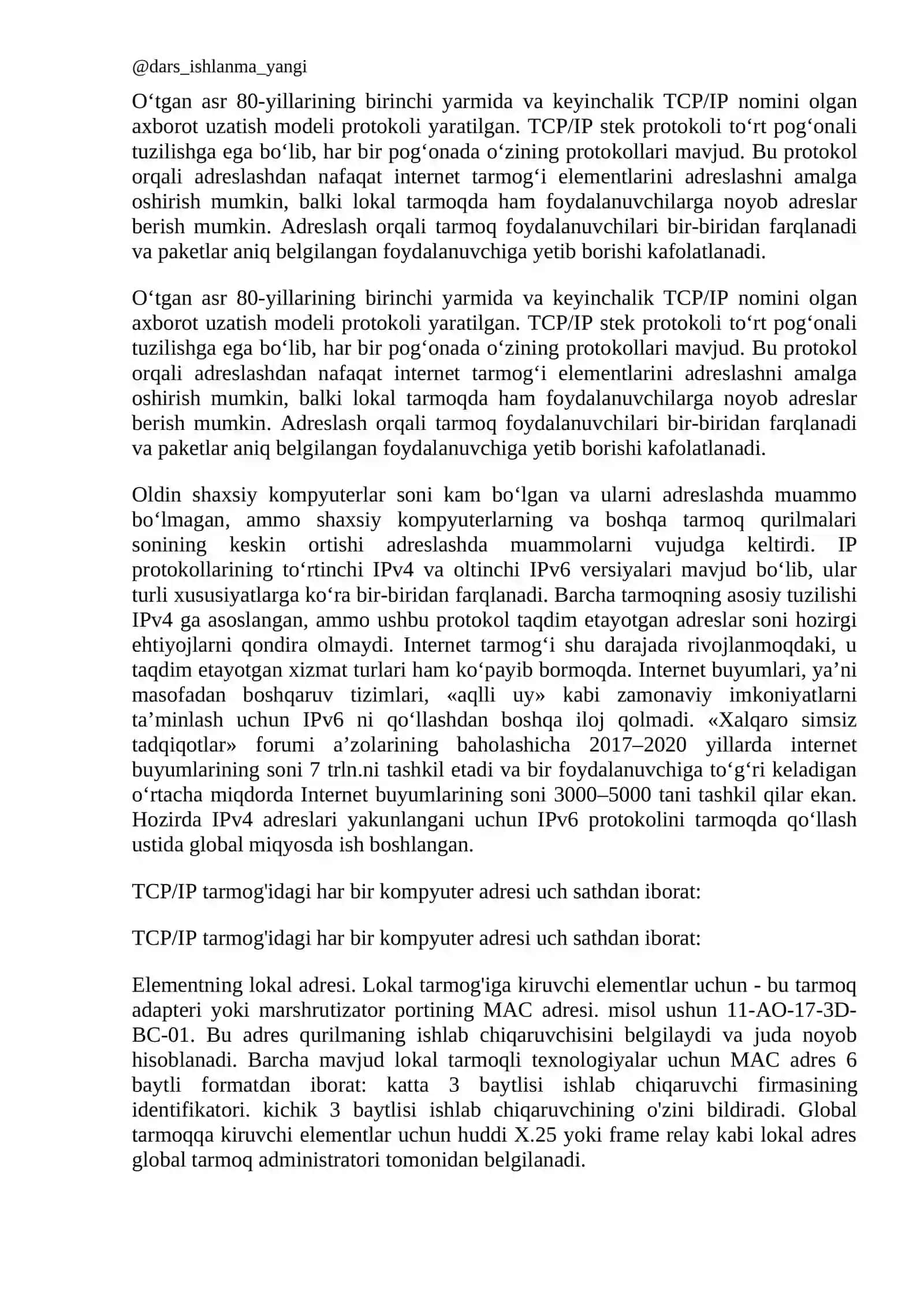 IP ADRESLARDAN FOYDALANGAN HOLDA TARMOQLARNI ADRESLASH 3