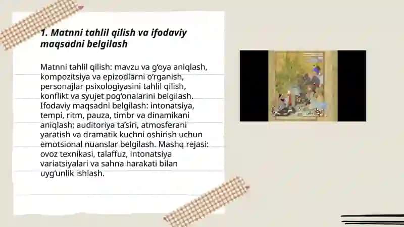 Nasriy va dramatik asarlarni ifodali o'qishga tayyorlash 3