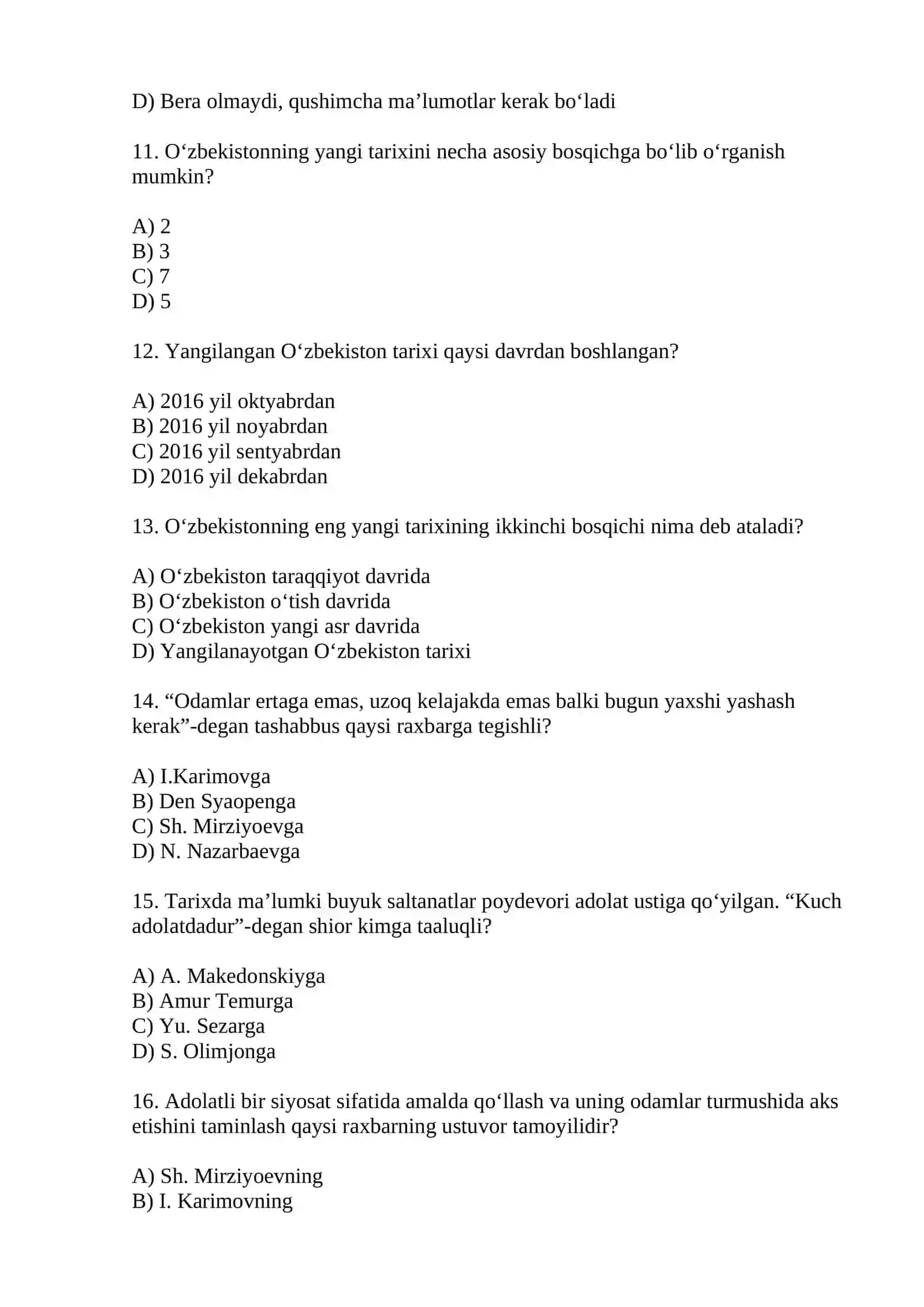 Oʻzbekiston tarixidan test savollari 3
