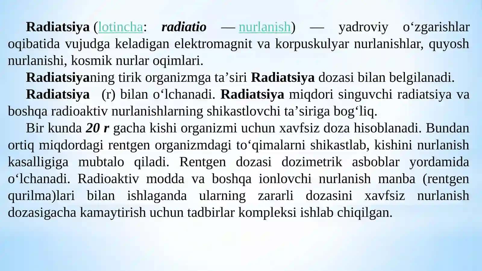 13-mavzu. Ishlab chiqarish jarayonlarida zararli omillar va ulardan himoyalanish tadbirlari Ishlab chiqarishda zararli nurlanishlar 3