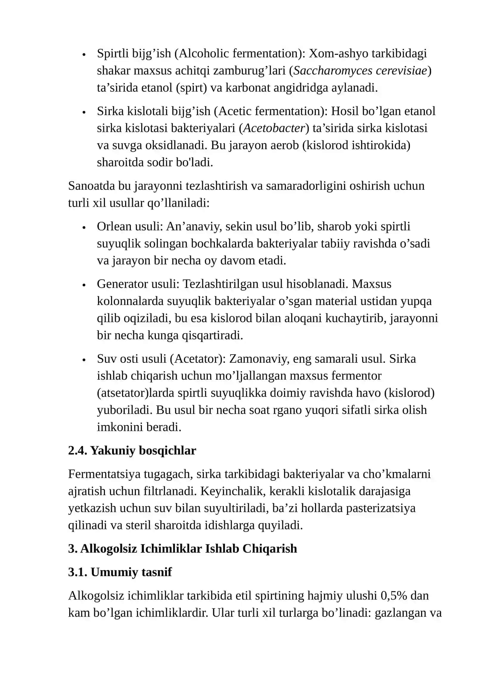 Oziq-ovqat sanoatining muhim tarmoqlari — ozuqaviy sirka, alkogolsiz ichimliklar, kvas va mineral suvlar ishlab chiqarish texnologiyalarini har tomonlama yoritiladi 3