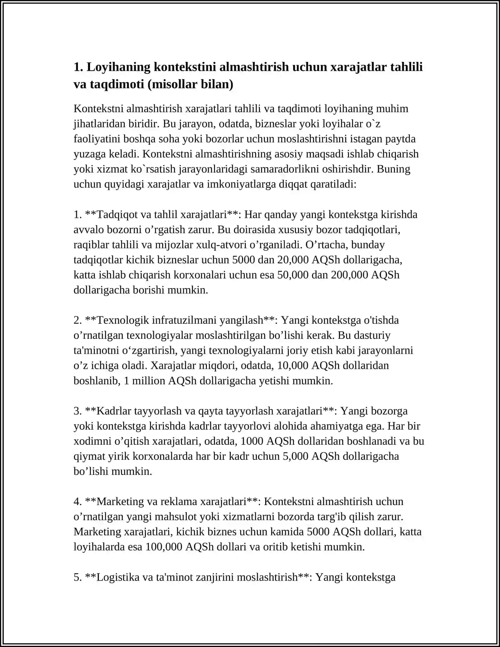 HISOBOT TAYYORLANG: "KONTEKSTNI ALMASHTIRISH: XARAJATLAR VA OPTIMALLASHTIRISH" MISOLLAR BILAN 3