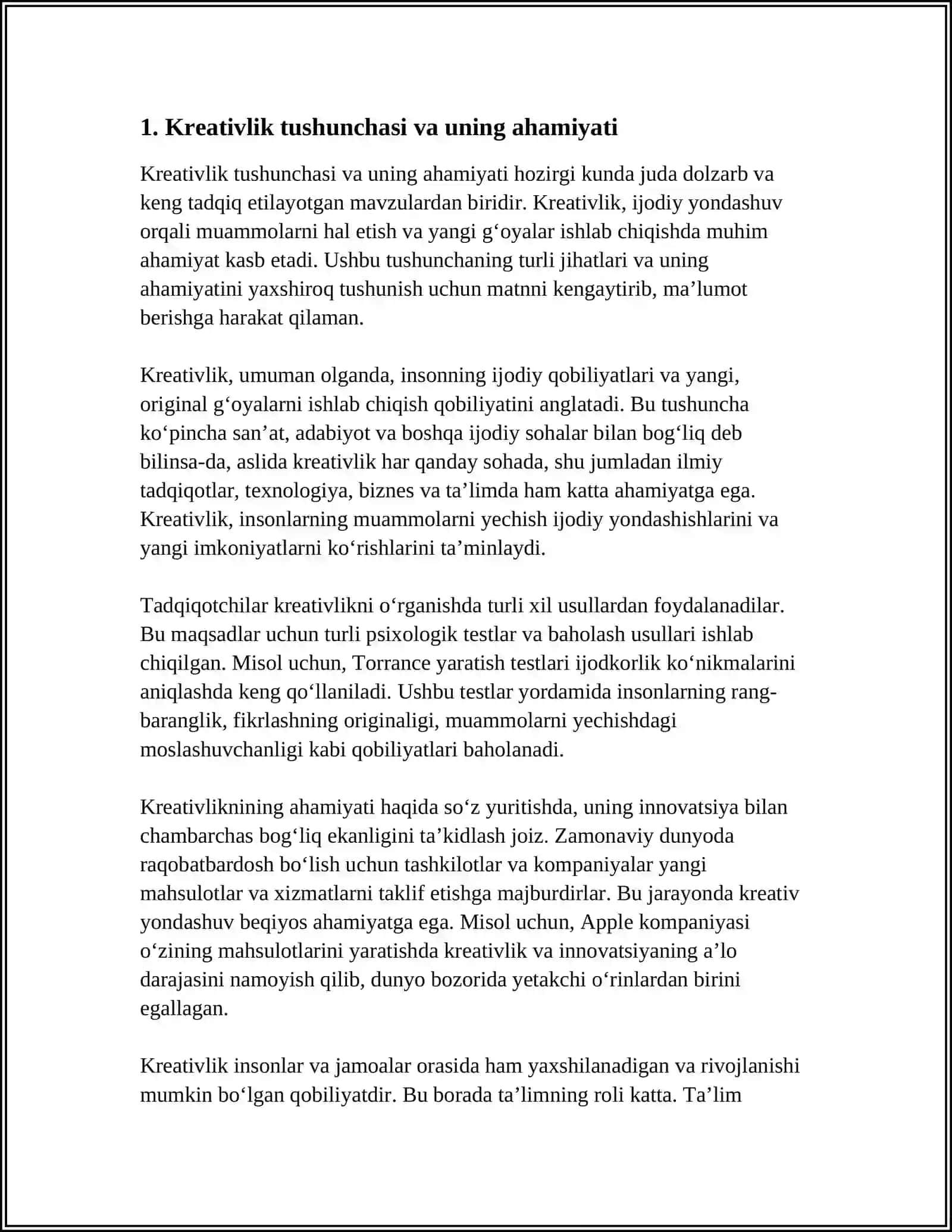 BILISH JARAYONLARINI TEKSHIRISH METODIKALARINI O'RGANISH VA QO'LLASH USULLARI.KREATIVLIK.KREATIVLIKKA XUS XUSUSIYATLAR 3