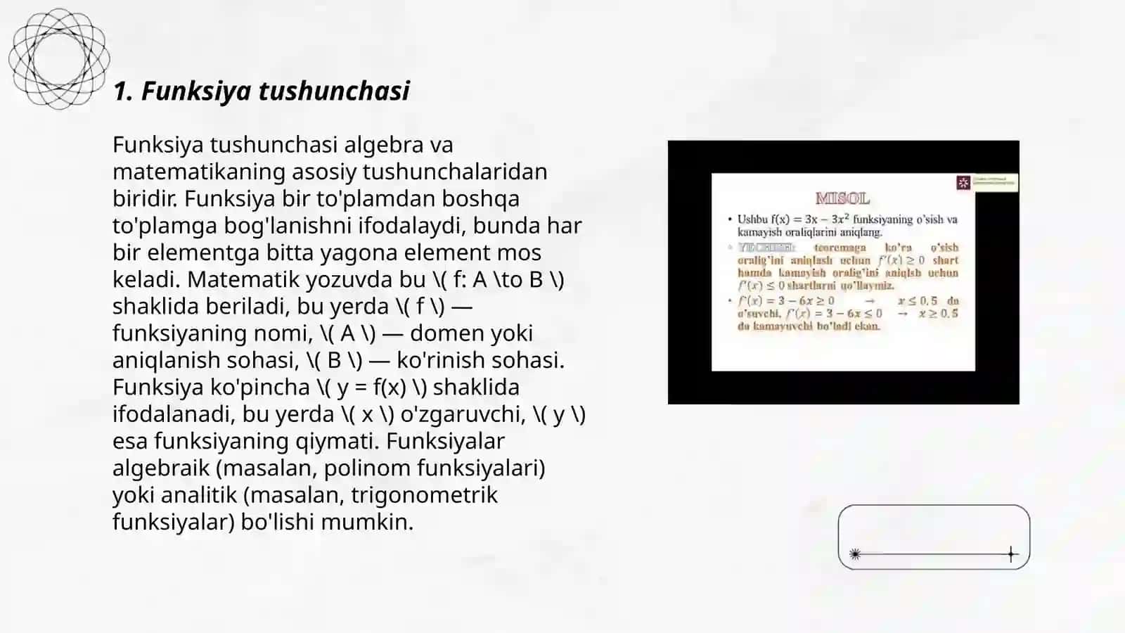 Funksiya tushunchasi. Funksiya limiti. Funksiya limitini hisoblash. Birinchi va ikkinchi ajoyib limit. Cheksiz katta va cheksiz kichik funksiyalar 3