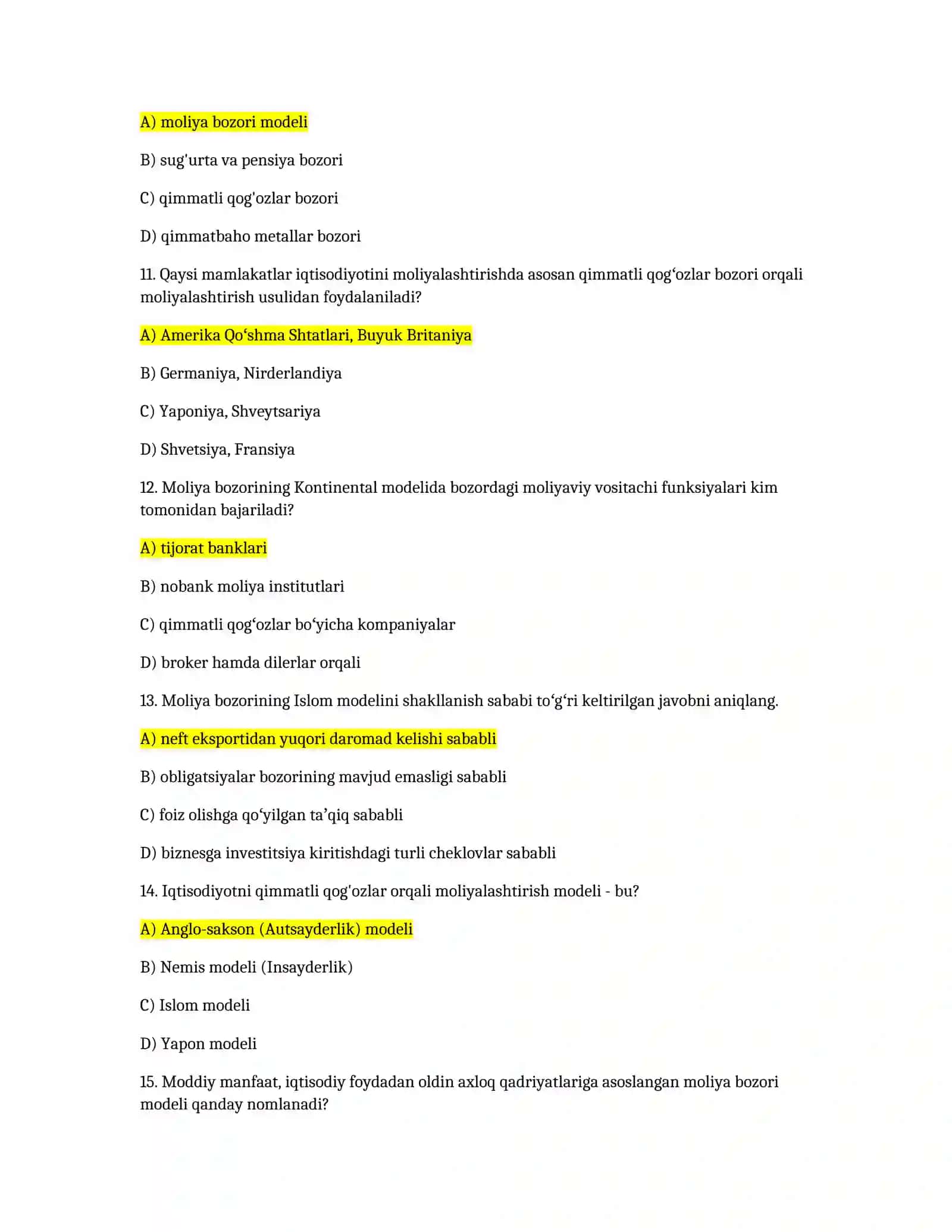 Moliya bozori test 3