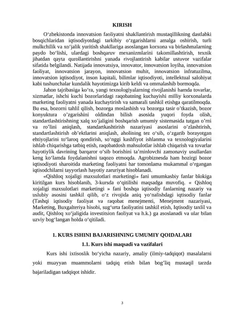 Qishloq xo`jaligi maxsulotlari marketingi fanidan kurs ishini tayyorlash boʻyicha uslubiy ko`rsatma 3