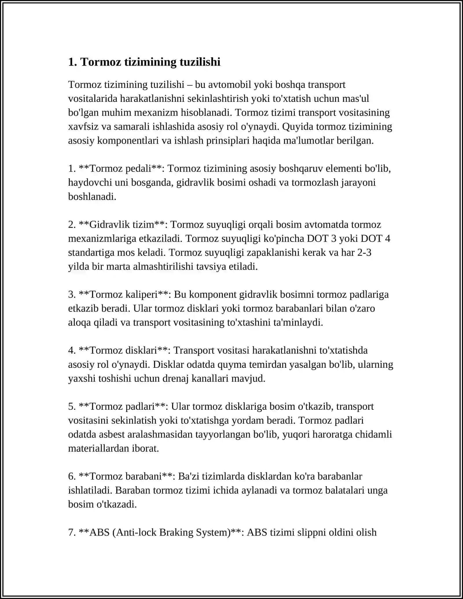 AVTOMOBILNING TORMOZ TIZIMI VA EKSPULUTATSIYON XUSUSIYATI 3