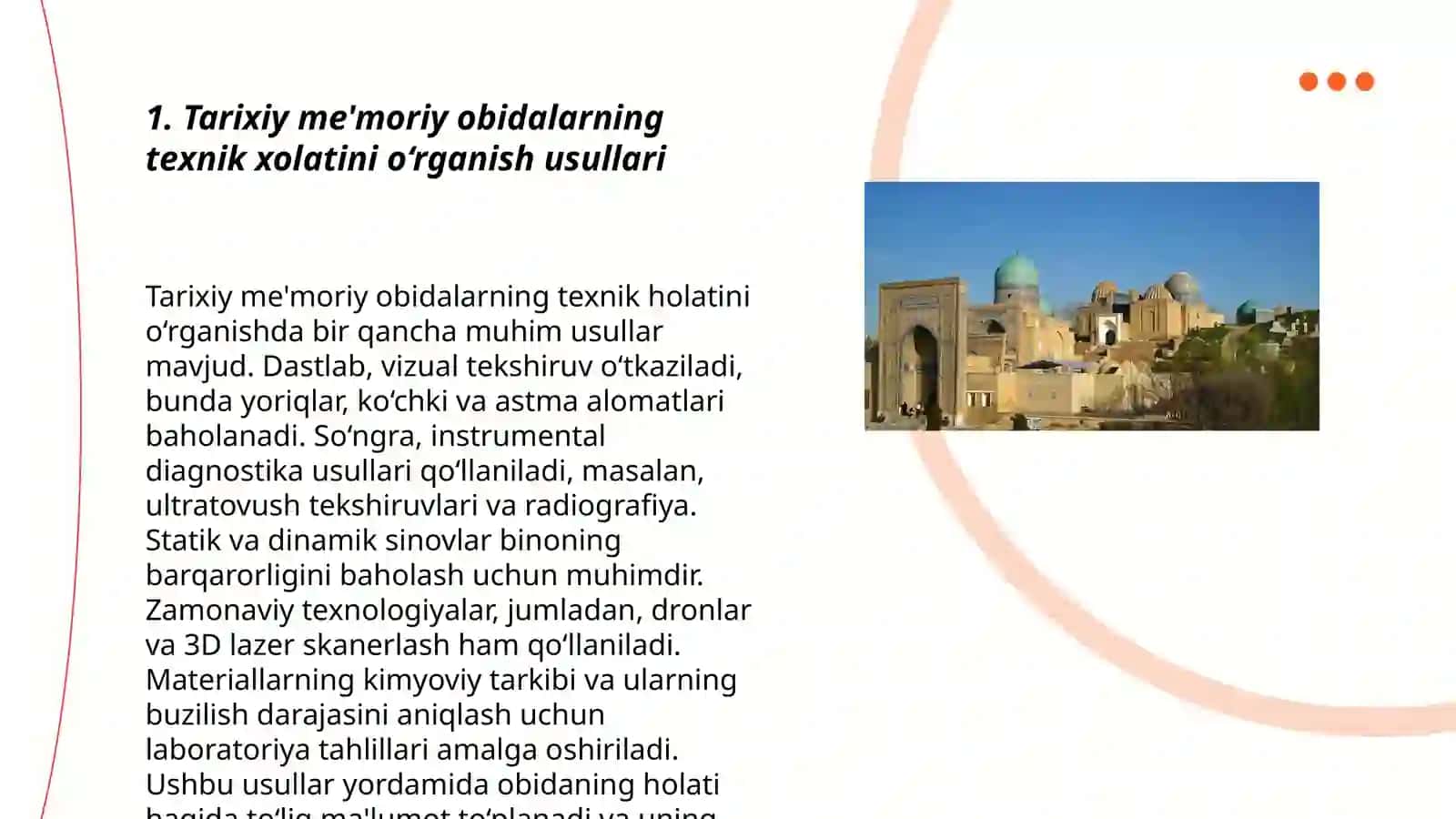 Tarixiy me'moriy obidalarning texnik xolatini baholash va yuk ko'tarish qobiliyatini aniqlash.Kuchlanish-deformatsiyalanish xolatini belgilash 3