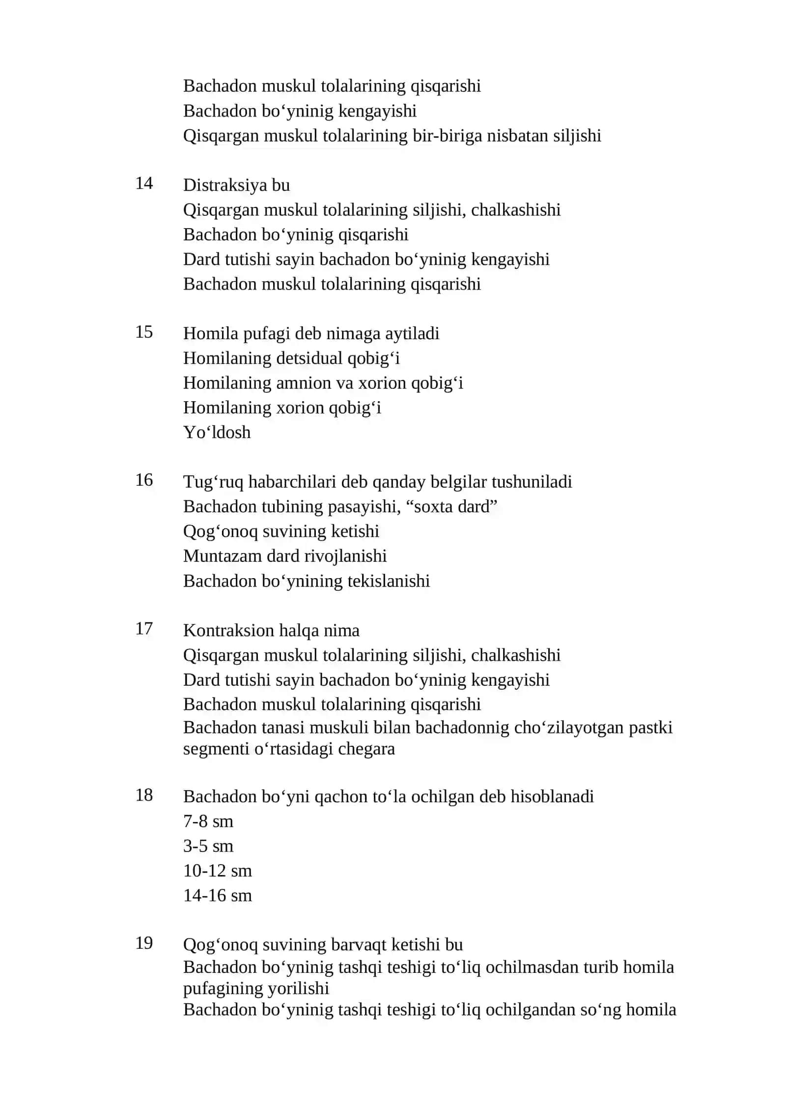 Akusherlik ishi mutaxassisligi boʻyicha shakllantirilgan test savollari roʻyxati 3