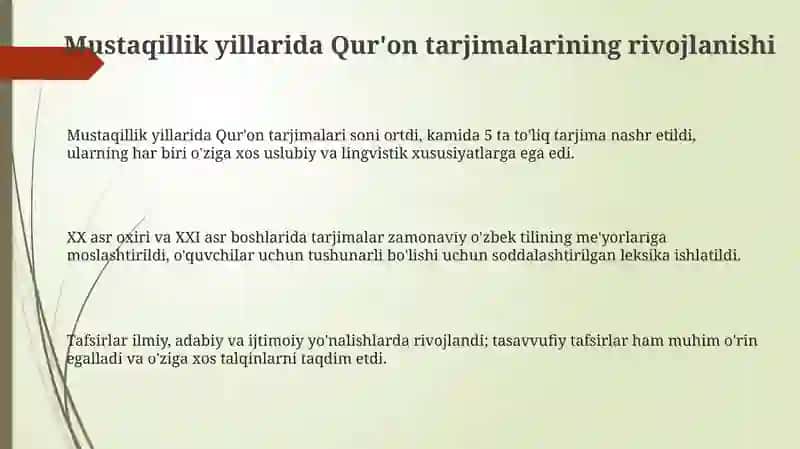 Mustaqillikyillarida Qurʼonningoʻzbektiligatarjimaqilinishivatafsirlari 3