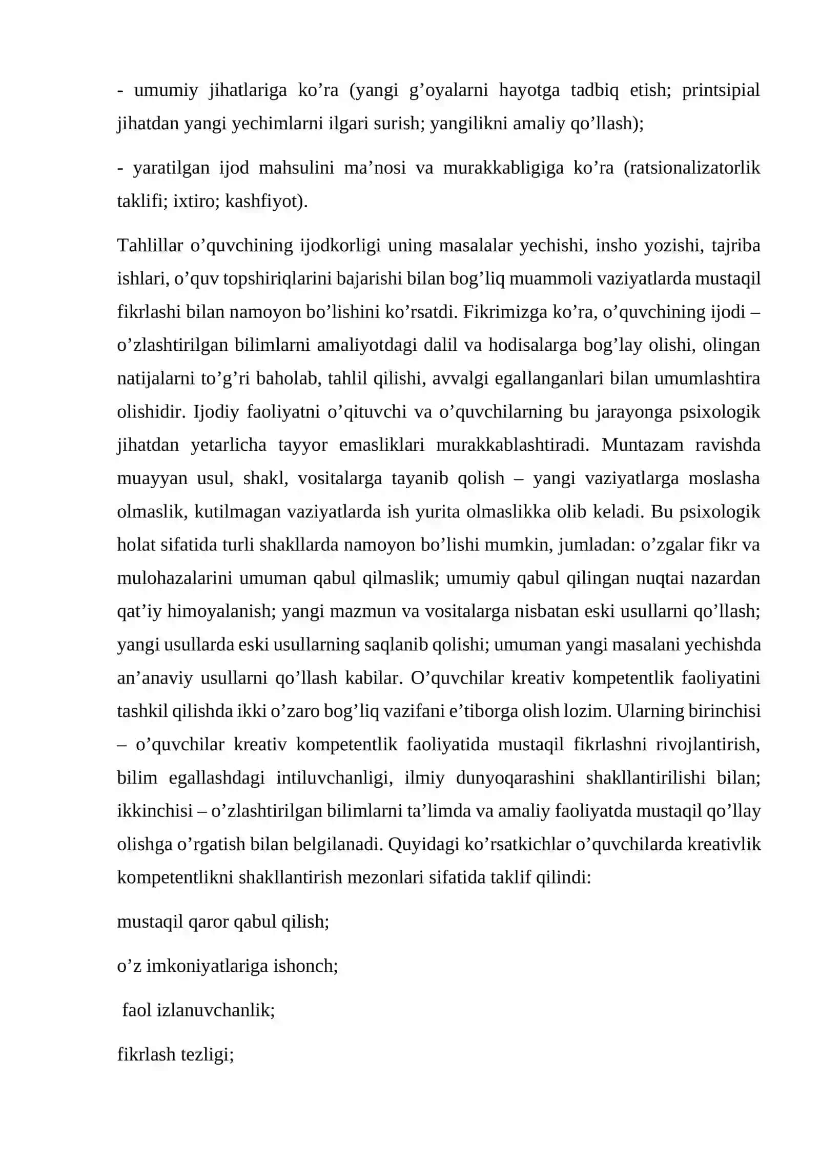 Kreativ kompetensiyaning mezonlari va darajalari 3