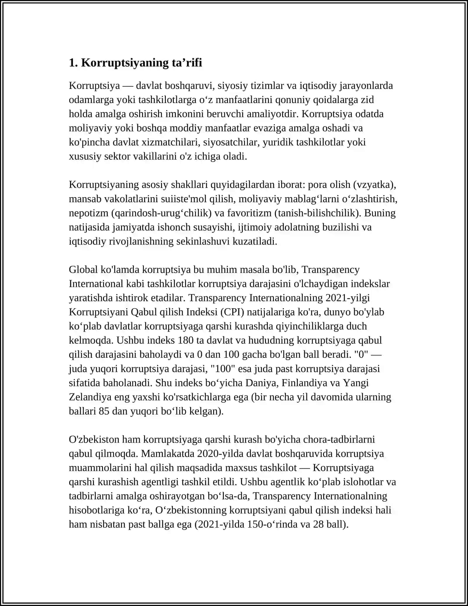 Mavzu: KORRUPSIYANING MOHIYATI VA KELIB CHIQISH SABABLARI 3