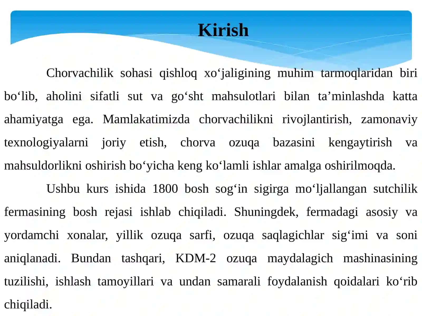 1800 BOSH SOG’N SIGIRGA MO’LJALLANGAN SUTCHILIK FERMASI BOSH REJASINI LOYHALASH VA KDM - 2 MASINASINI O’RGANISH 3