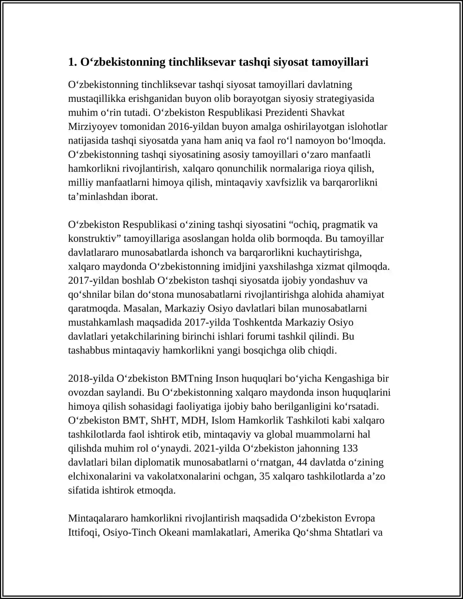 OʻZBEKISTON TINCHLIK SEVAR TASHQI SIYOSATI VA JOHON HAMJAMIYATI TOMONIDAN TAN OLINISHI 3