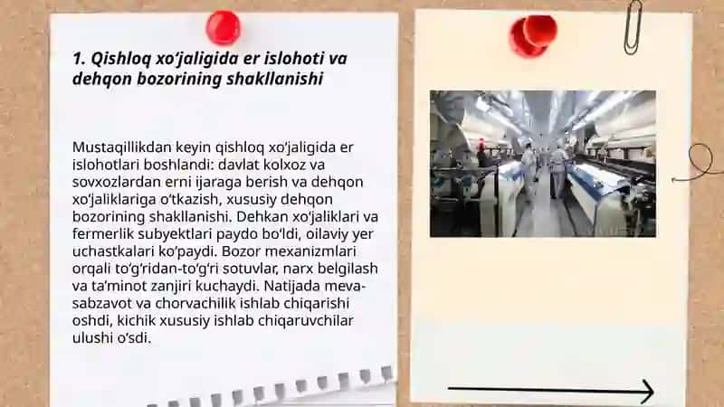 Mustaqillik yillarida qishloq xo‘jaligi va sanoat sohasidagi o‘zgarishlar 3