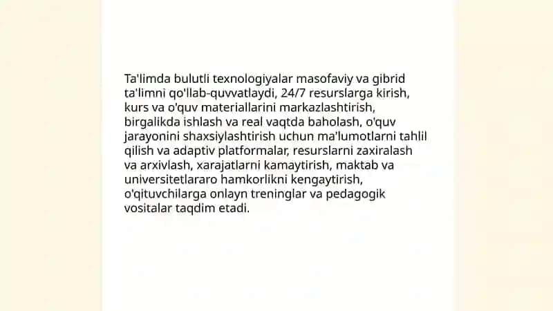 Har xil faoliyat sohalarida bulutli texnologiyalardan foydalanish imkoniyatlari 3
