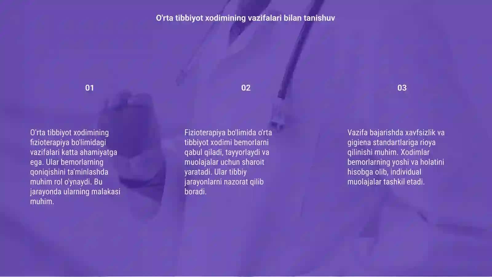 O'rta tibbiyot xodimining fizioterapiya bo'limidagi vazifalari 3
