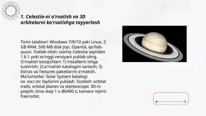 Celestia yordamida Quyosh tizimi sayyoralari orbitasini 3D kuzatish va solishtirish 3