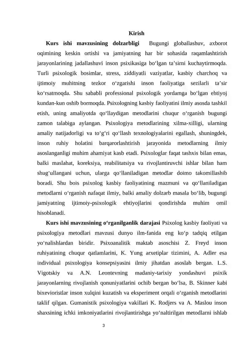 Psixolog kasbiy faoliyati va psixologiya metodlari kurs isshi 3