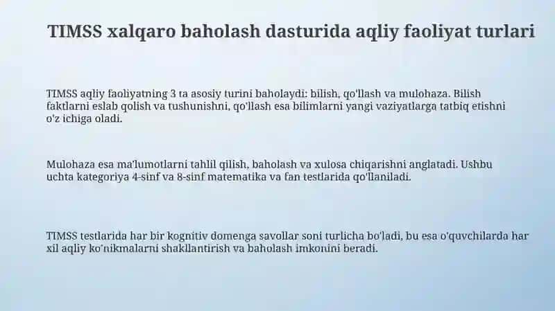 TIMSS XALQARO BAHOLASH DASTURIDA AQLIY FAOLIYAT TURLARI 3