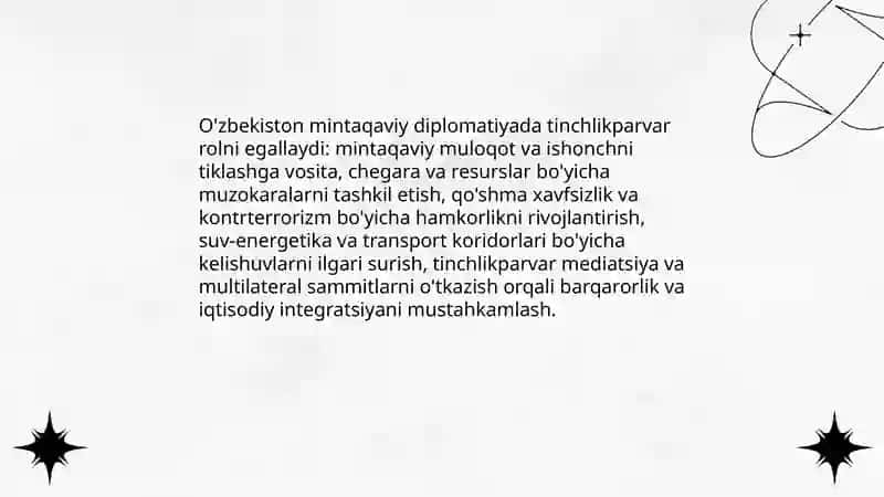 O'zbekistonning Markaziy Osiyoda tinchlik va barqarorlikni taminlashdagi o'rni 3