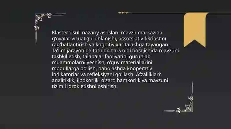 Zamonaviy pedagogik texnologiyalardan foydalanish imkoniyatlari ( klaster, proyekt usuli) 3