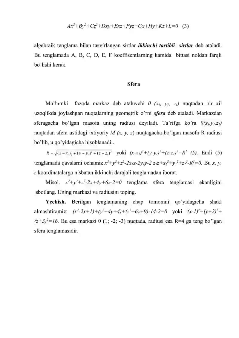 Ikkinchi tartibli sirtning taʼrifi. Sfera. Ellipsoid. Gipperboloid 3