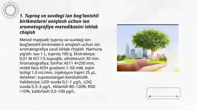 Tuproq va suvning ifloslanishida ion bogʻlanishli birikmalarni aniqlab, ulardan tozalash usulini ishlab chiqish 3