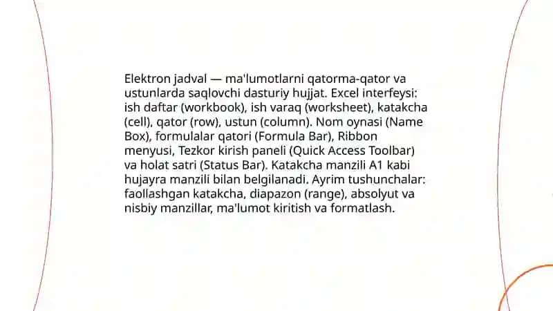 Elektron jadvallar.Formula va funksiyalar bilan ishlash.Excelda asosiy statistik va matematik funksiyalar.Excelda elektron jadvallar yaratish va ularni qayta ishlashda dasturlash elementlaridan foydalanish 3