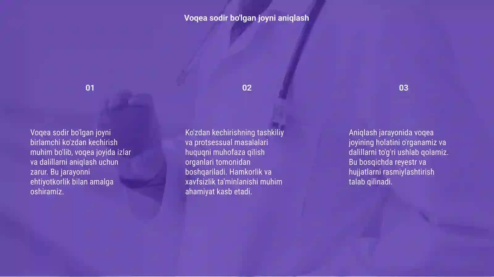 Voqea sodir bo'lgan va murda topilgan joyni birlamchi ko'zdan kechirish 3