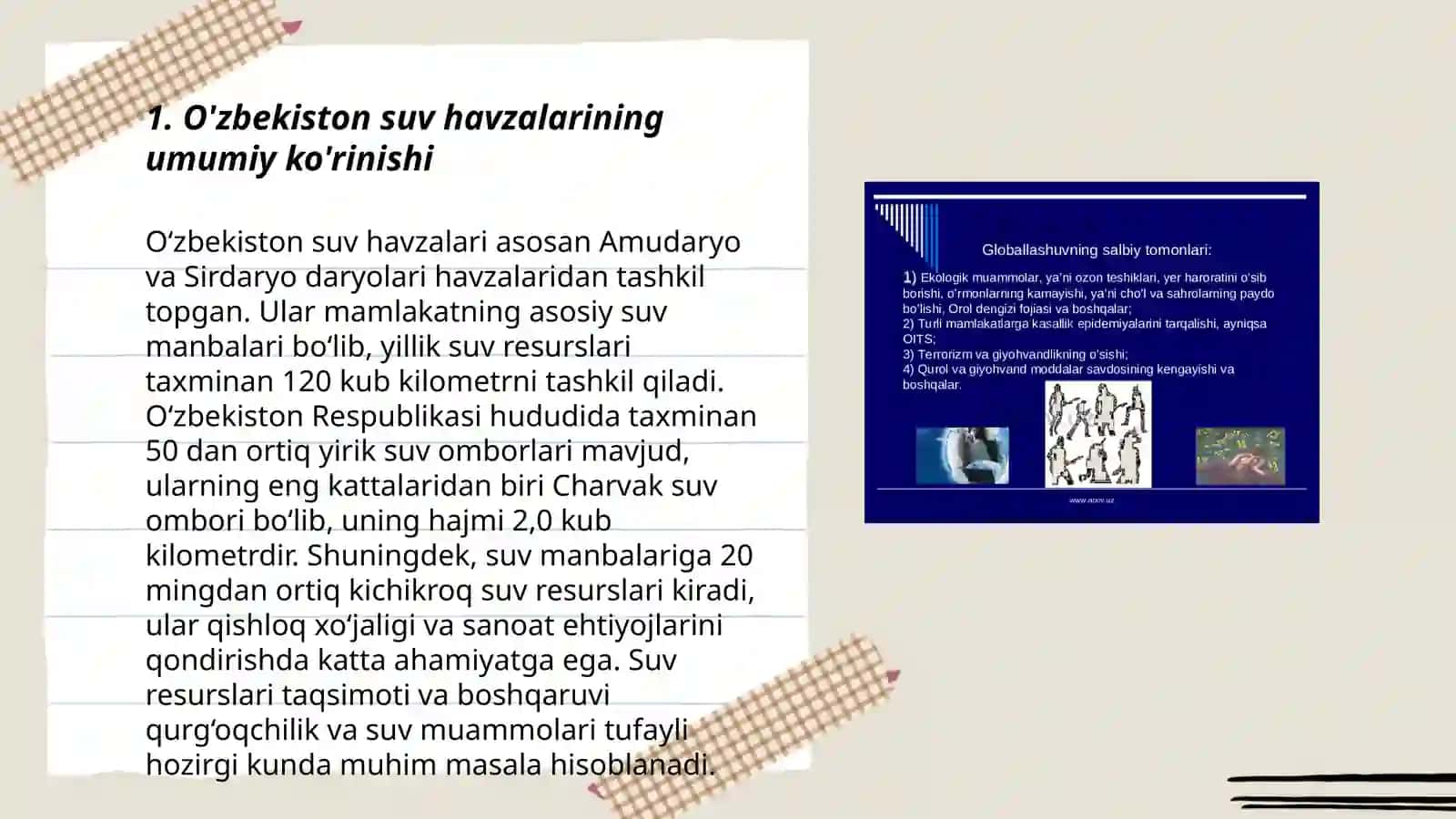 O'zbekiston suv havzalarining hozirgi holati. Mintaqada suv muammolari va ularning oldini olish masalalari 3