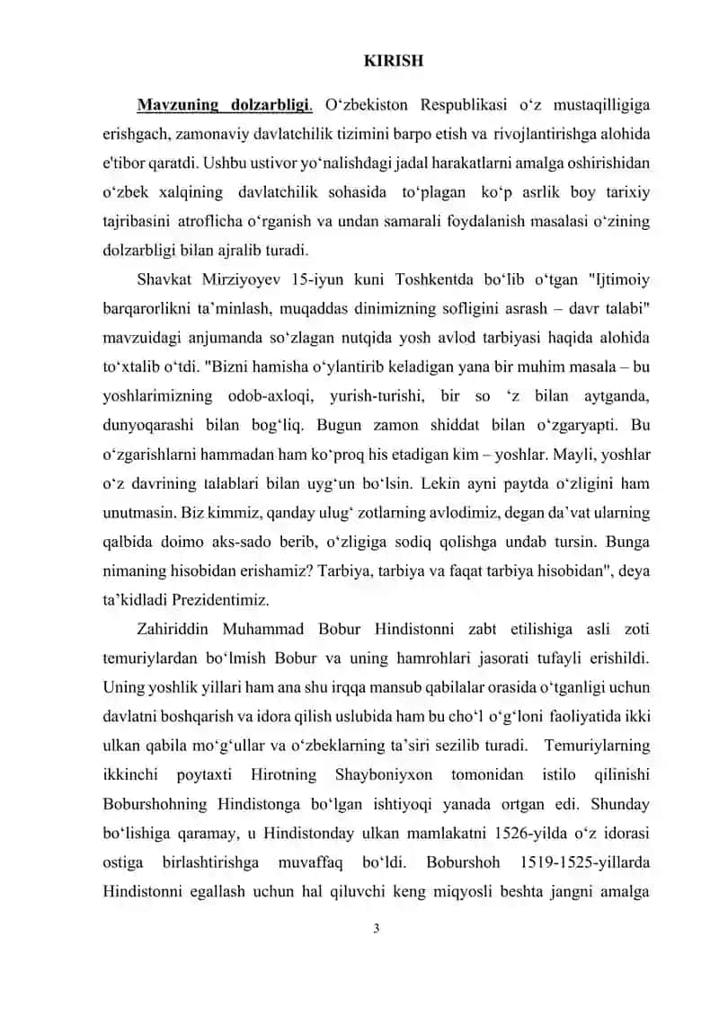 Zahiriddin Muhammad Bobur asos solgan Boburiylar sulolasining jahon tarixida tutgan o‘rni 3