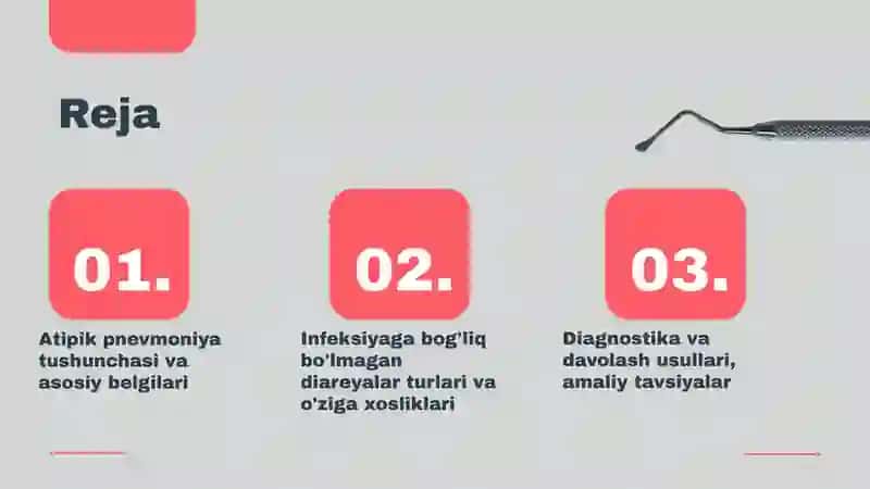 Atipik pnevmoniya. Infeksiyaga bog'liq bo'lmagan diareyalar (enteritlar, ichak disbakteriozia ichakli zambura shikastlanishi, fermentopatiyalar) 3