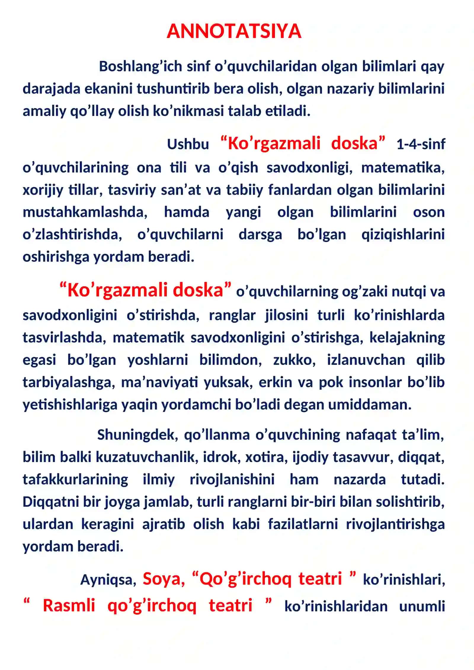 1-4 sinf Boshlang'ich sinflar uchun ko'rgazmali doska 3