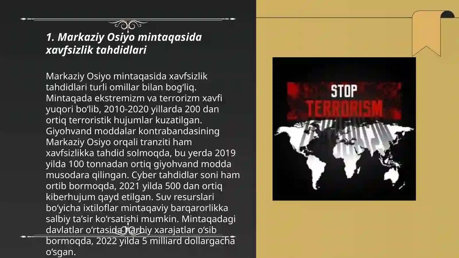Markaziy Osiyoda xavfsizlik masalalari, terrorizm, giyohvandlik va odam savdosiga qarshi kurashda Õzbekiston Respublikasining roli 3