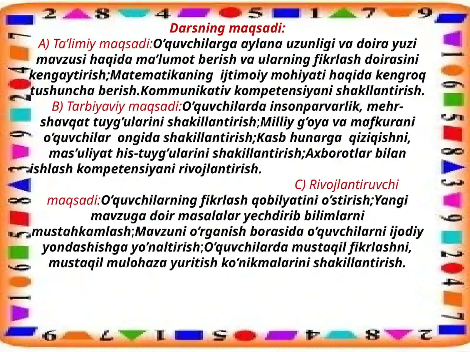 6-sinf Matematika fanidan Aylana uzunligi va doiraning yuzi ochiq dars ishlanmasi 3