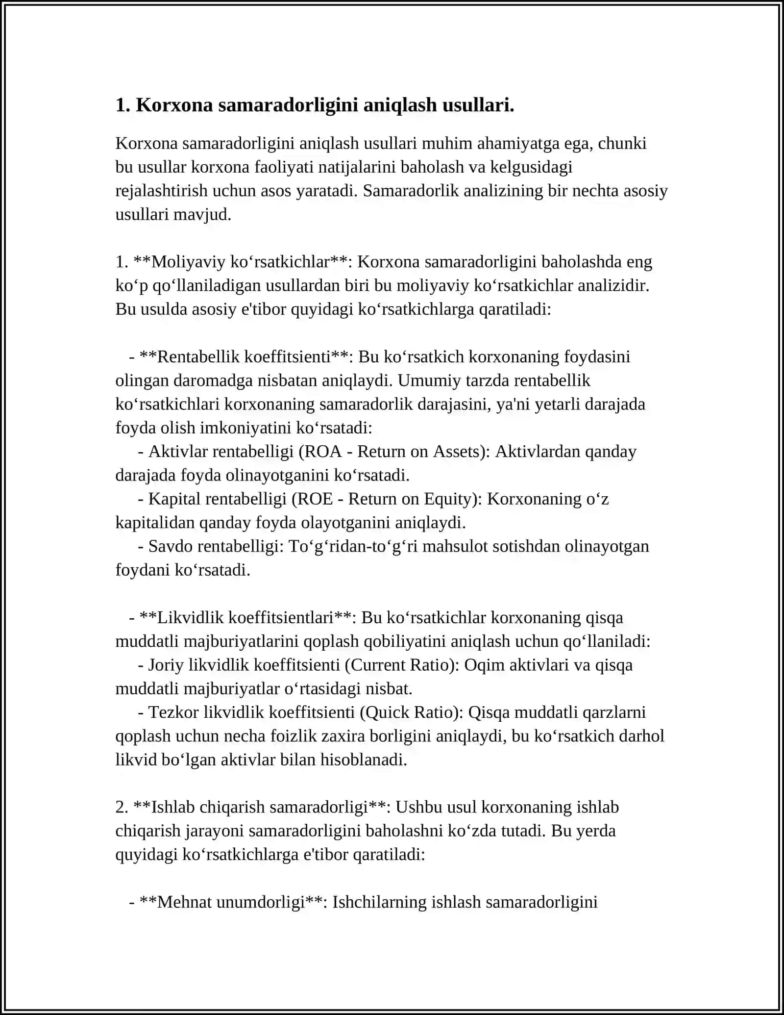 SIRTQI BO`LIM- Korxonalarda Ishlab Chiqarishning Iqtisodiy Samaradorligi 3