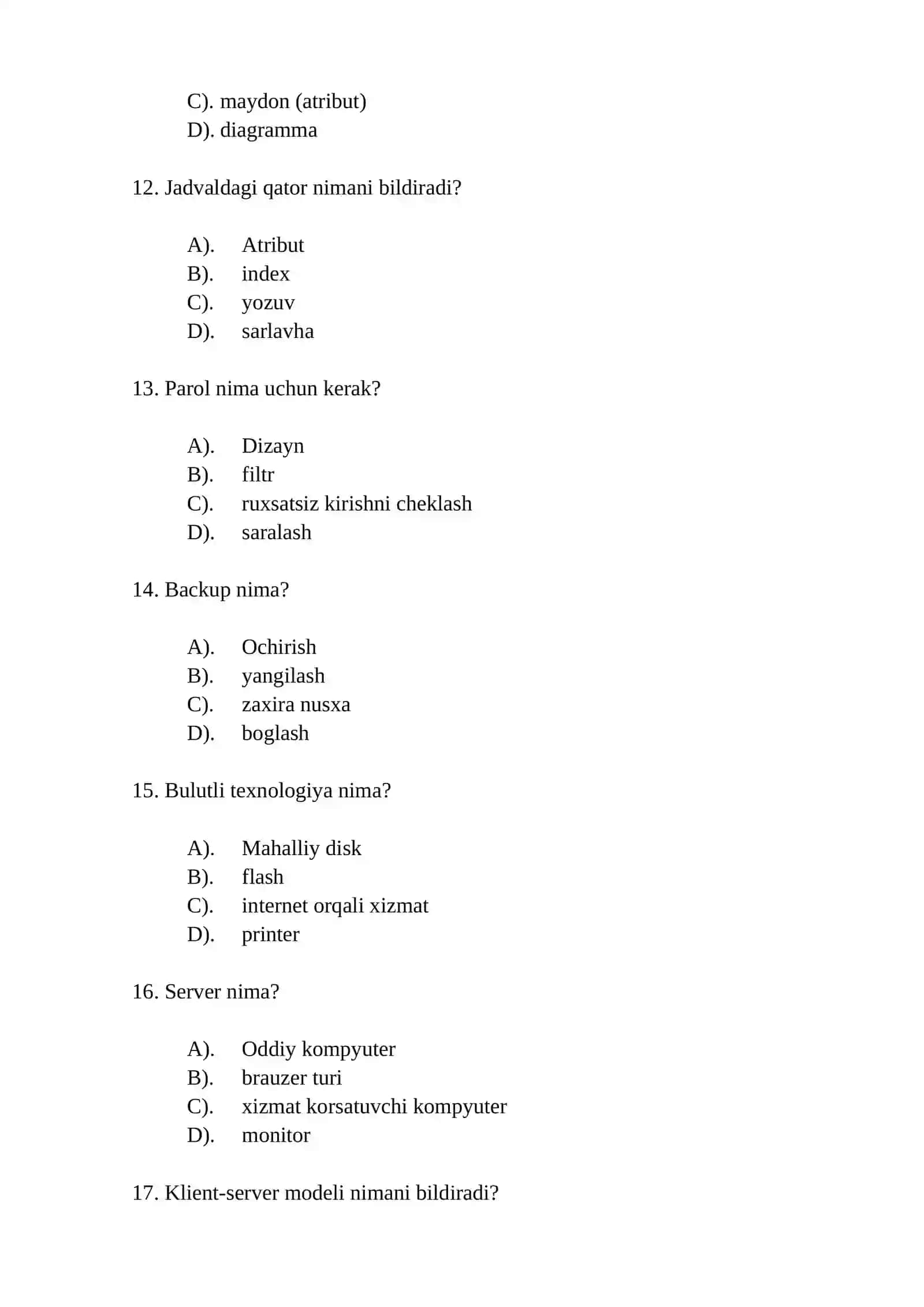 Iqtisodiyotda axborot kommunikatsiya texnologiyalari” fanidan o‘tkaziladigan  YAKUNİY TEST 3
