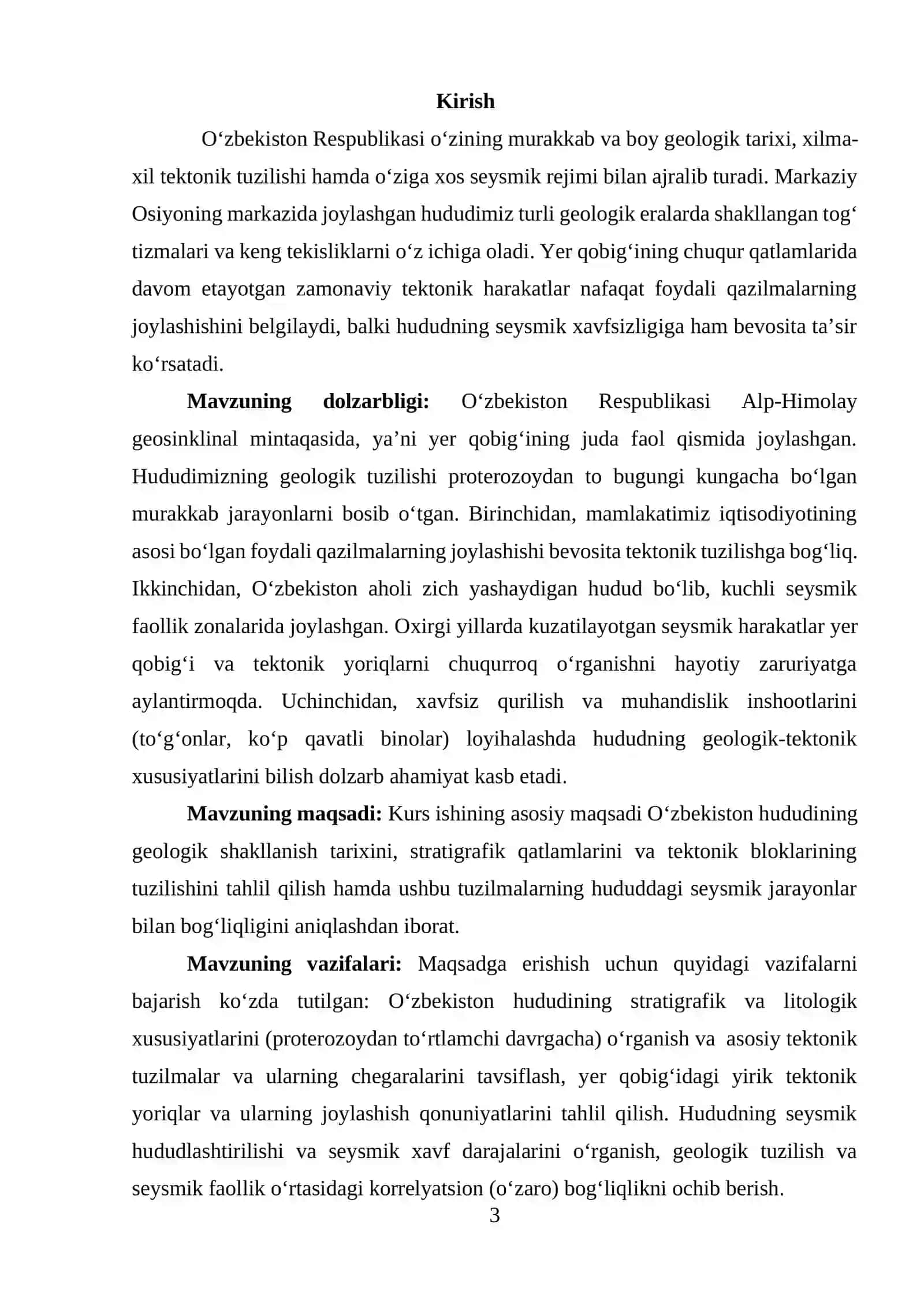 O’zbekistonning geologik tektonik tuzlilishi va seysmikligi mavzusida tayyor kurs ishi 3