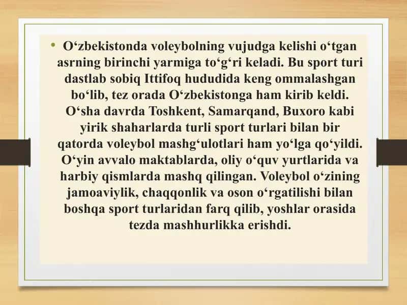 Oʻzbekistonda valebolni vujudga kelishi tarixi va taraqqiyoti 3