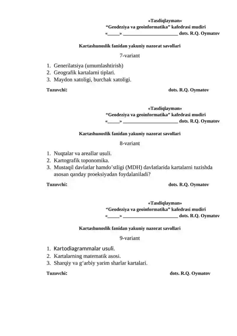 Kartashunoslik fanidan yakuniy nazorat savollari 3